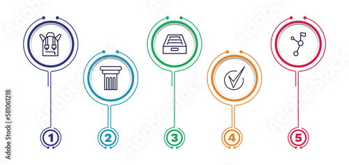 set of education and science thin line icons. education and science outline icons with infographic template. linear icons such as school bag, archives, halfway, greek pillar, check mark vector.