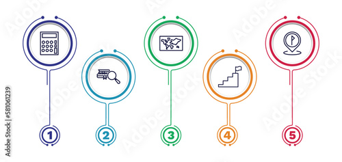 set of education and science thin line icons. education and science outline icons with infographic template. linear icons such as small calculator, world map, location flag, research with books,