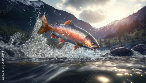 Salmon jumps on mountain river created with generative AI technology photo