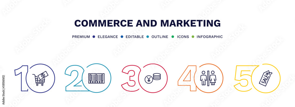 set of commerce and marketing thin line icons. commerce and marketing outline icons with infographic template. linear icons such as commerce and shopping, barscode with zeros, yens coins stack, men set of commerce and marketing thin line icons. commerce and marketing outline icons with infographic template. linear icons such as commerce and shopping, barscode with zeros, yens coins stack, men
