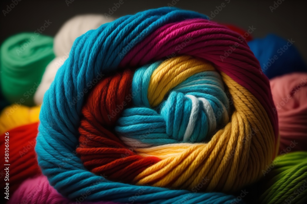 Yarn in various colors. An aerial view. color spectrum. every color. knitting thread. fiber skeins. Generative Ai.
