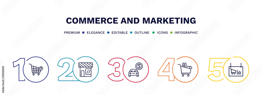 Naklejka premium set of commerce and marketing thin line icons. commerce and marketing outline icons with infographic template. linear icons such as take out from the cart, front store with awning, buy a car,