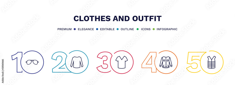 set of clothes and outfit thin line icons. clothes and outfit outline icons with infographic template. linear icons such as pilot sunglasses, long sleeves t shirt, v neck shirt, denim jacket, padded set of clothes and outfit thin line icons. clothes and outfit outline icons with infographic template. linear icons such as pilot sunglasses, long sleeves t shirt, v neck shirt, denim jacket, padded