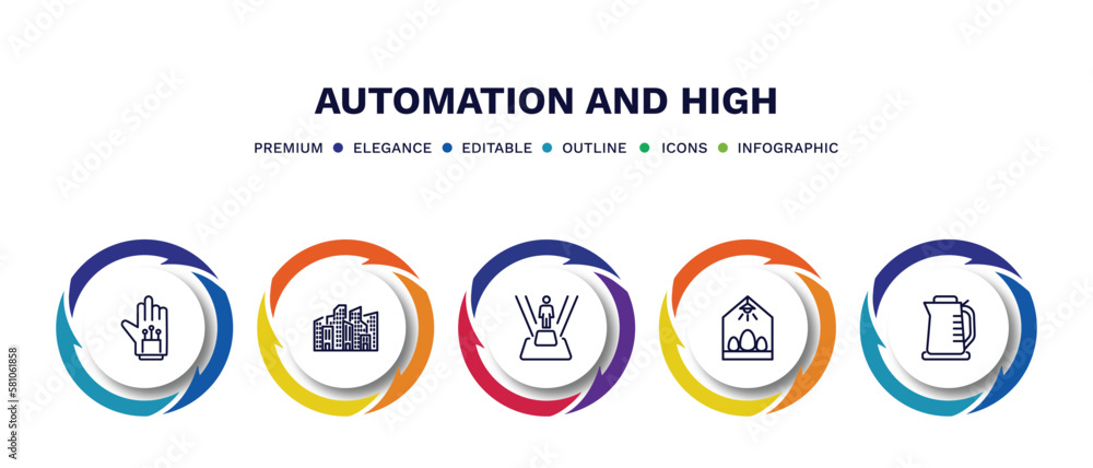 set of automation and high thin line icons. automation and high outline icons with infographic template. linear icons such as wired gloves, cityscape, teleportation, egg incubator, kettle vector.