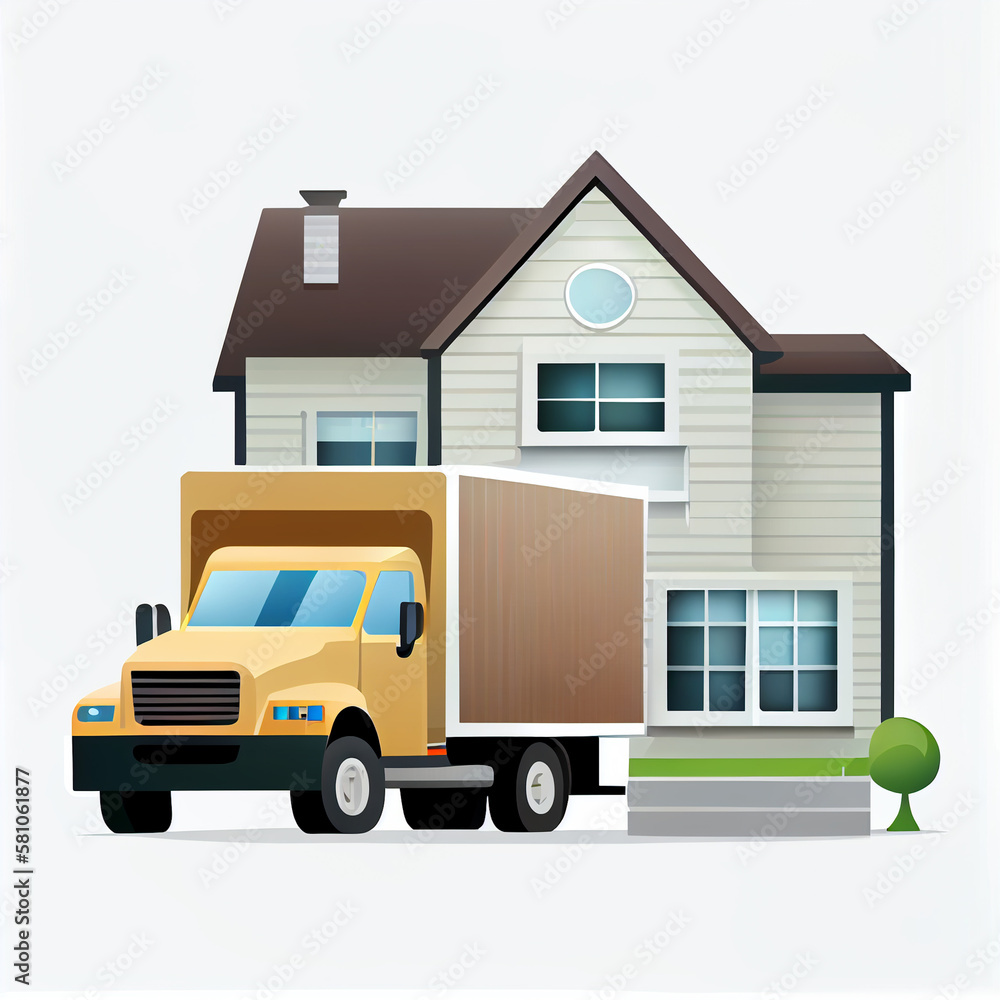 Relocation moving truck on street near by new house Relocation moving truck on street near by new house