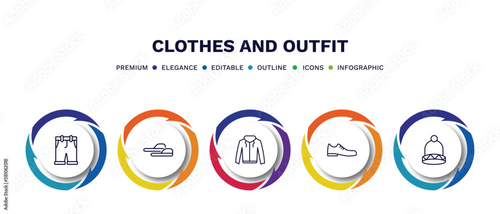 set of clothes and outfit thin line icons. clothes and outfit outline icons with infographic template. linear icons such as chino shorts, sleepers, hooded jacket, leather shoes, knit hat with pom set of clothes and outfit thin line icons. clothes and outfit outline icons with infographic template. linear icons such as chino shorts, sleepers, hooded jacket, leather shoes, knit hat with pom
