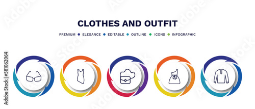 set of clothes and outfit thin line icons. clothes and outfit outline icons with infographic template. linear icons such as cat eye glasses, cocktail dress, hobo bag, one shoulder dress, nylon