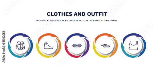 set of clothes and outfit thin line icons. clothes and outfit outline icons with infographic template. linear icons such as denim jacket, leather chelsea boots, shutter sunglasses, loafer, draped