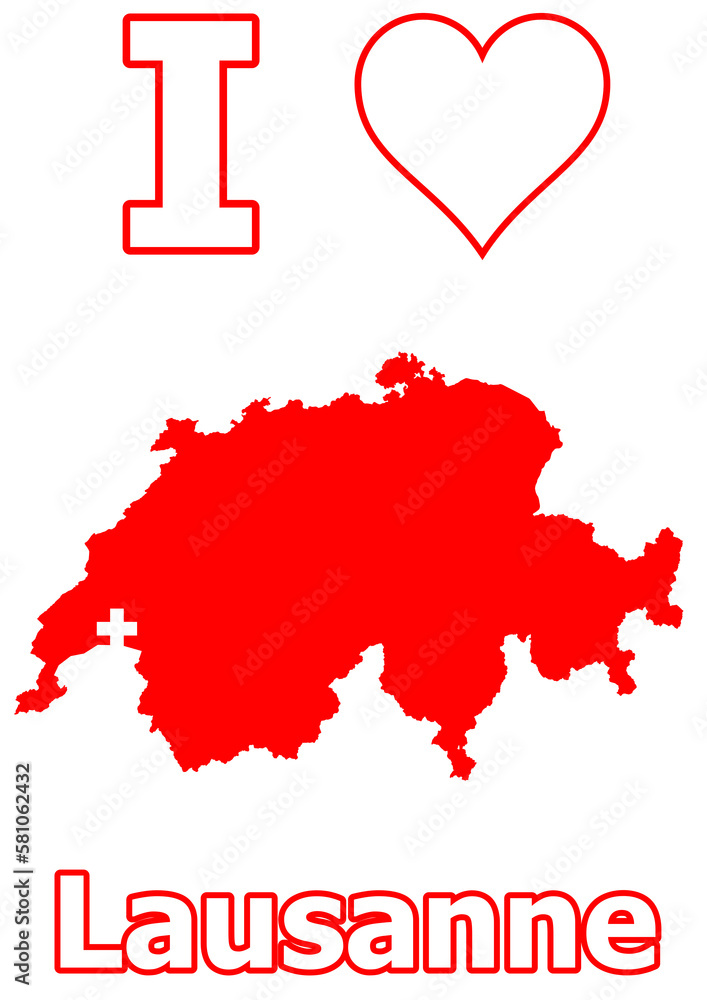 Naklejka premium Schweiz Karte mit der Stadt Lausanne in Flagge Farbe