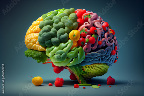 Healthy brain food to boost brainpower nutrition concept as a group of nutritious nuts fish vegetables . AI Generate