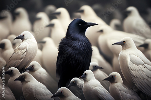 Shot of a Black bird between the group of white birds. Generative AI