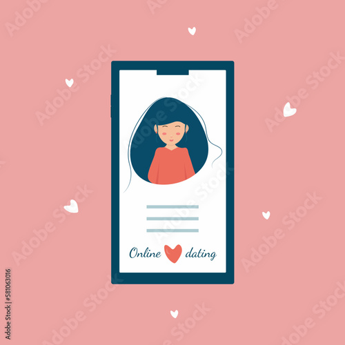 Application for online dating. Smartphone with a modern woman who is looking for a mate. The concept of social networks, virtual relationships.
Flat vector illustration.