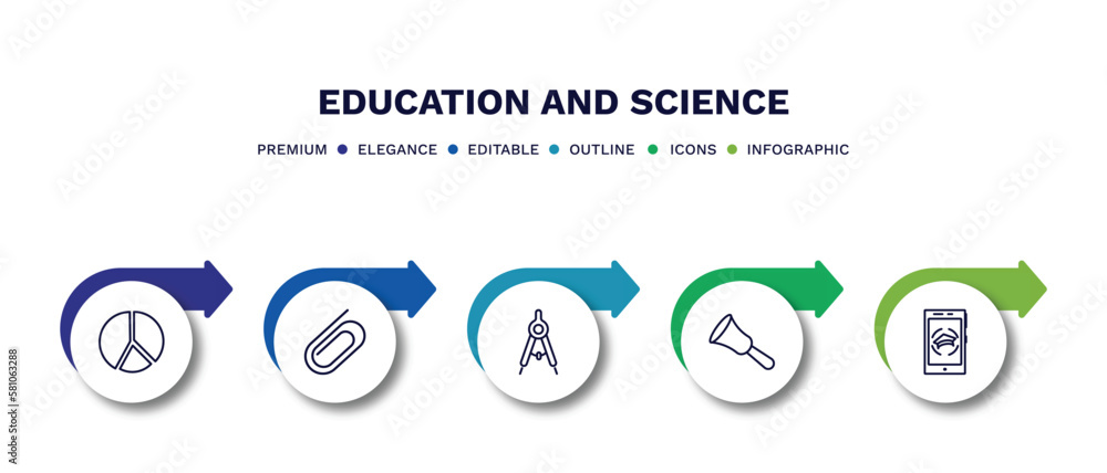 set of education and science thin line icons. education and science outline icons with infographic template. linear icons such as pie chart, paperclip, draw with compass, hand bell, smartphone app set of education and science thin line icons. education and science outline icons with infographic template. linear icons such as pie chart, paperclip, draw with compass, hand bell, smartphone app