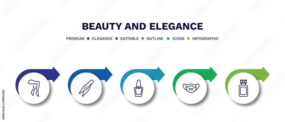 set of beauty and elegance thin line icons. beauty and elegance outline icons with infographic template. linear icons such as legs, tweezers, nail polish, face mask, french perfume vector. set of beauty and elegance thin line icons. beauty and elegance outline icons with infographic template. linear icons such as legs, tweezers, nail polish, face mask, french perfume vector.