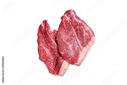 Butcher choise beef raw steaks on butcher knife. Isolated, transparent background.