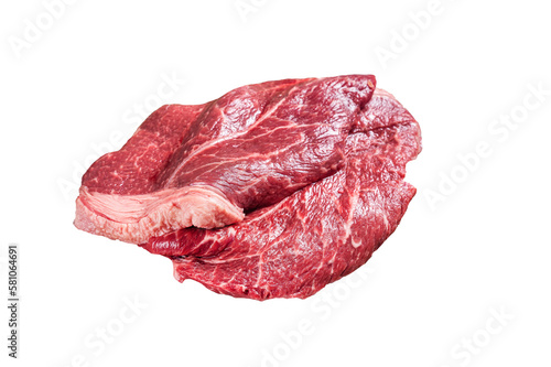 Fresh raw beef meat sirloin steaks, herbs and spices around cutting board. Isolated, transparent background.