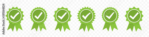 Set of certified or approved green medal with tick icon