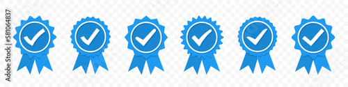 Set of certified or approved blue medal with tick icon
