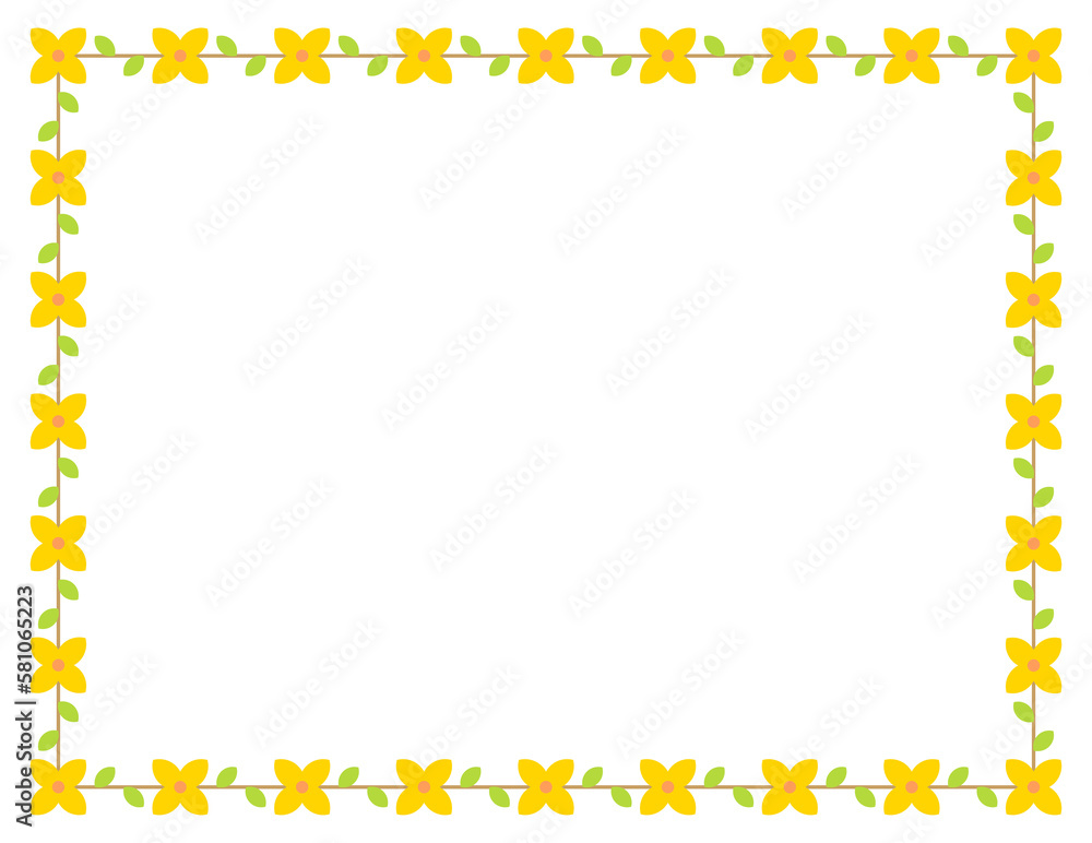 Spring season yellow forsythia flower concept design deco pattern border. Repeated lines of flowers and leaves. Spring season yellow forsythia flower concept design deco pattern border. Repeated lines of flowers and leaves.
