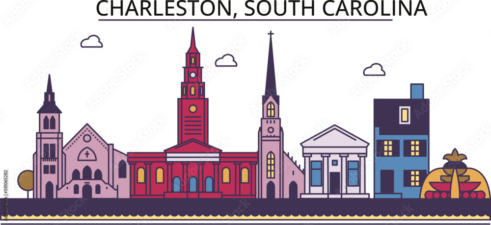 Fototapeta premium United States, Charleston South Carolina tourism landmarks, vector city travel illustration