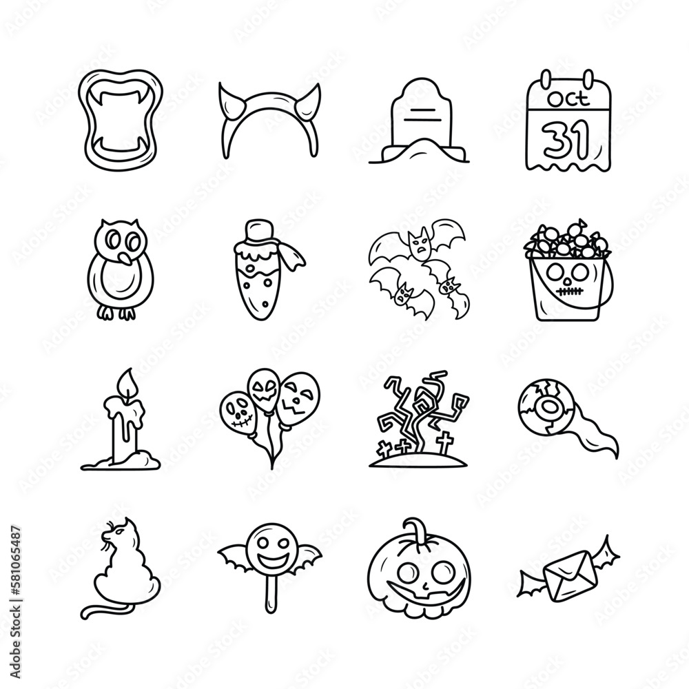 Halloween Vector Hand Draw Outline icon style illustration. Set 4