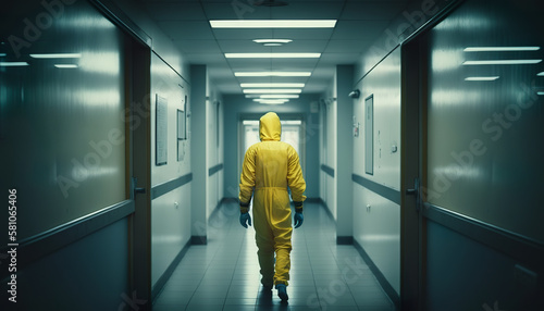 A scientist in a yellow hazmat suiti in a hostpital, Generative AI photo