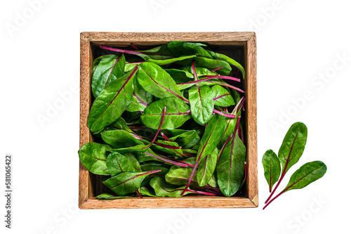 Valokuvatapetti Raw Fresh green chard mangold leaves in a wooden box