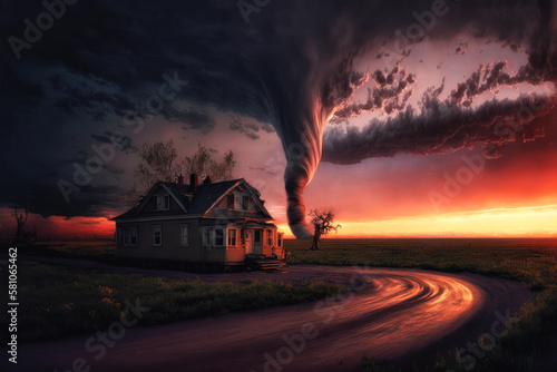 beautiful tornado at the sunset near a house. generative ai