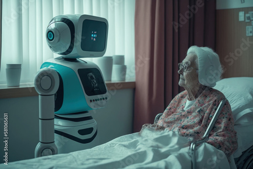 intelligent robot doing assistance and health care of elderly person in hospital. future medical support. generative ai