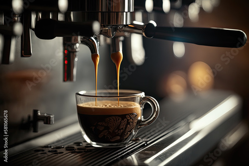 AI Generative Illustration of a professional coffee machine preparing an espresso coffee in a glass cup