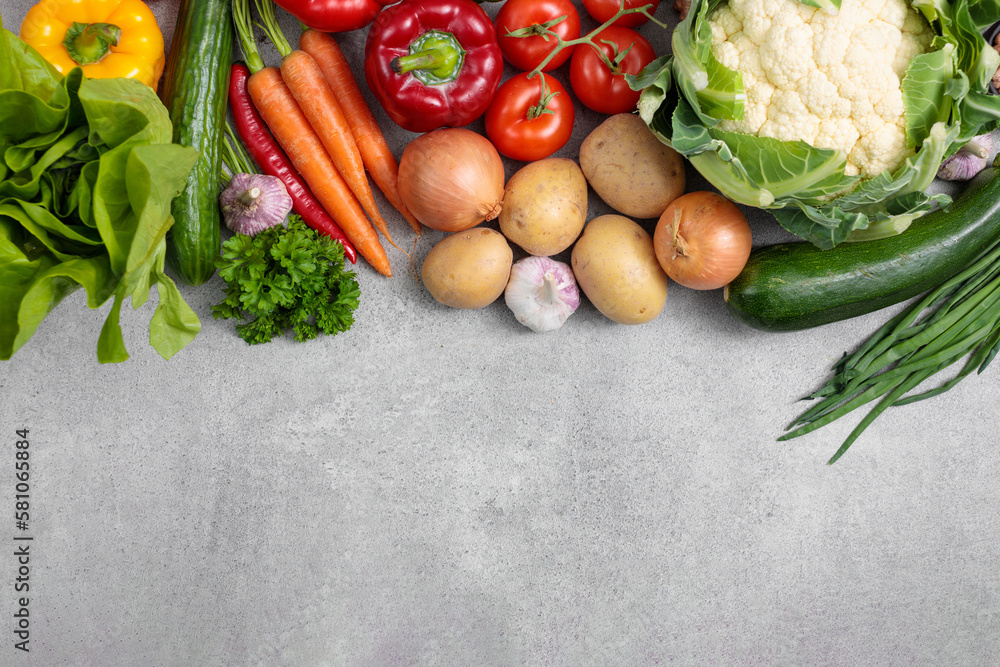 Healthy food. Vegetables on a concrete background, top view, free space for text, banner. 