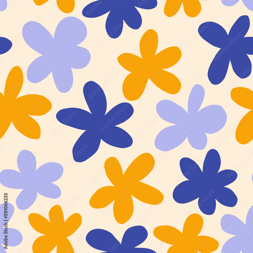 Seamless floral pattern with flowers. Spring endless background. Summer repeating print design with naive floral plants, blooms. Colored kids flat vector illustration for textile, fabric
