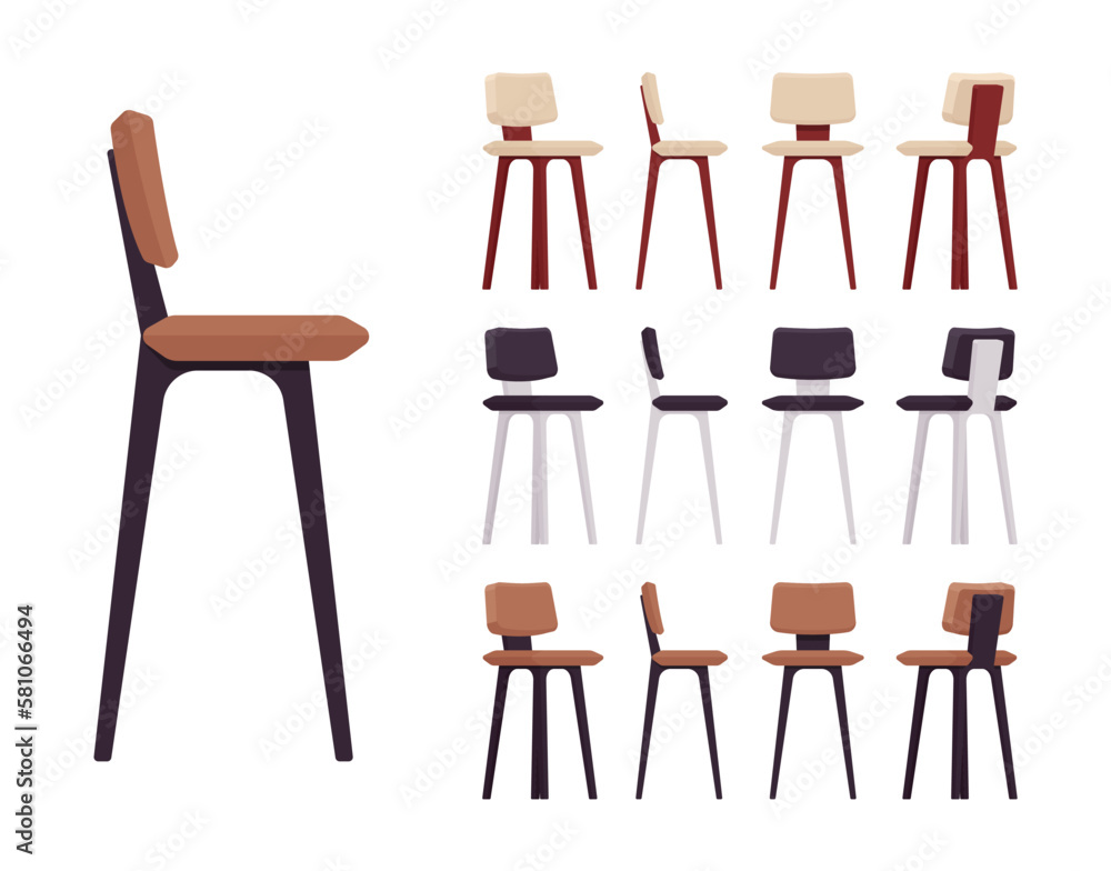 Bar stool, tall chair furniture big set, wood height barstool. Cafe, restaurant comfort seat, living room, kitchen interior. Vector flat style cartoon home, office articles isolated, white background Bar stool, tall chair furniture big set, wood height barstool. Cafe, restaurant comfort seat, living room, kitchen interior. Vector flat style cartoon home, office articles isolated, white background