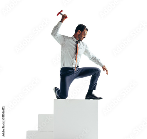 Business man smashing a block of stairs with a sledge hammer on a transparent background photo