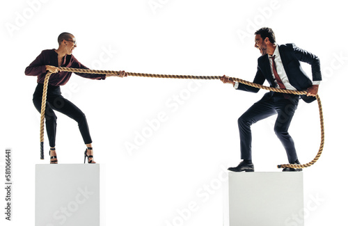 Corporate businesspeople battling in a tug of war on a transparent background