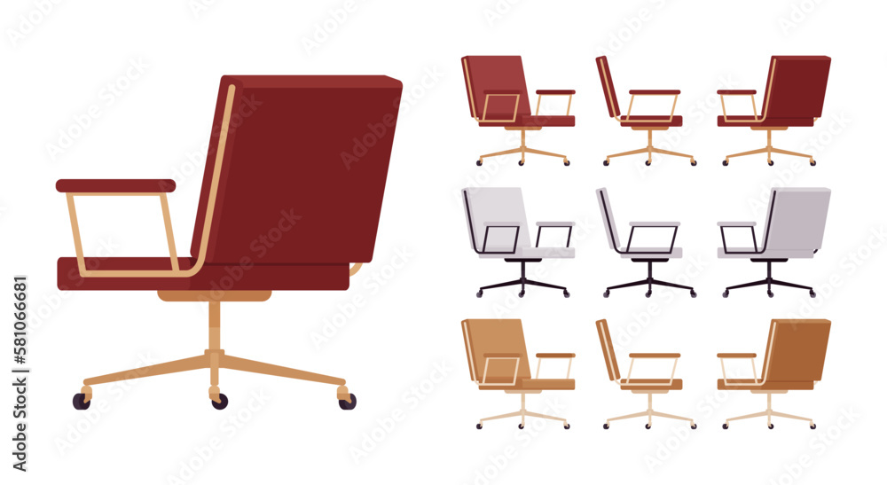 Desk rolling chair with armrest, meeting, executive furniture big set. Sitting comfort for working, resting, waiting. Vector flat style cartoon home, office articles isolated on white background Desk rolling chair with armrest, meeting, executive furniture big set. Sitting comfort for working, resting, waiting. Vector flat style cartoon home, office articles isolated on white background