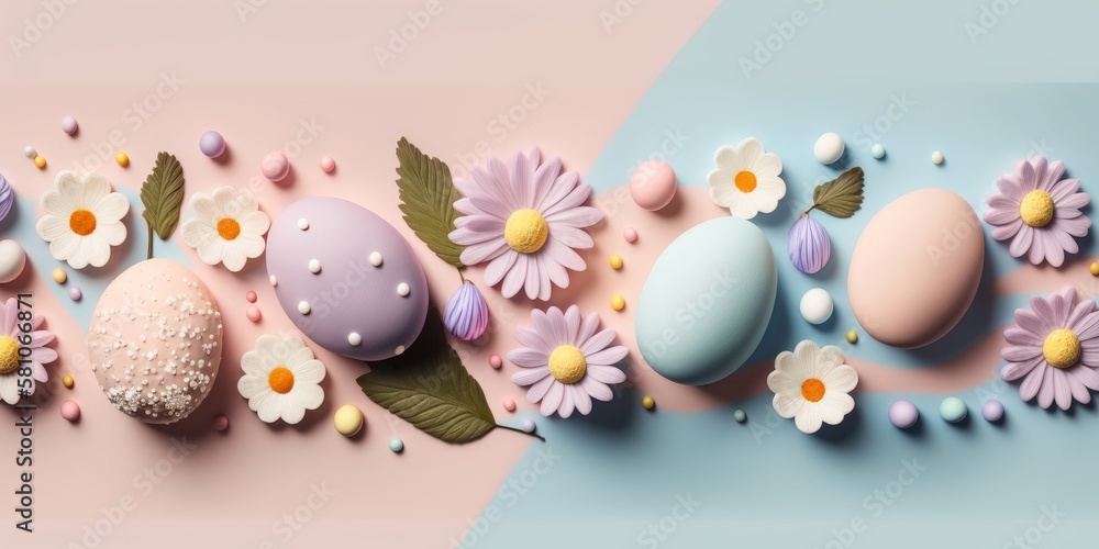 Easter background. Eggs flowers in pastel colors as digital illustration (Generative AI)