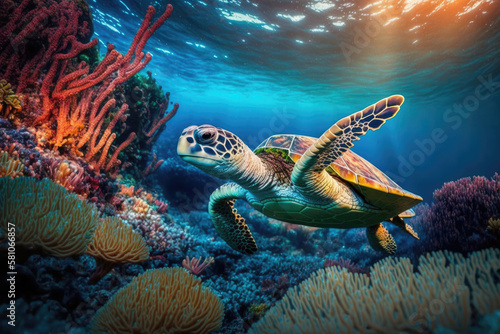 Sea turtle swimming in the under sea , Beautiful Underwater and colorful coral in wild nature of the Pacific Ocean, generative AI © Kien