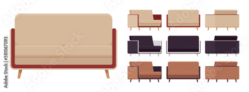Small sofa furniture big set. Day break loveseat cozy space in apartment, dorm room, loft living nice seating couch Vector flat style cartoon home, business articles isolated, white background