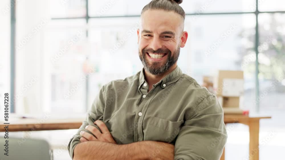 Designer man, laptop and smile with arms crossed in office for happiness, business owner and portrait for goal. Happy businessman, computer and ecommerce entrepreneur with vision, design or workshop Designer man, laptop and smile with arms crossed in office for happiness, business owner and portrait for goal. Happy businessman, computer and ecommerce entrepreneur with vision, design or workshop