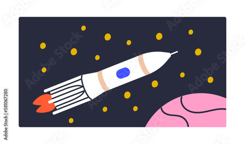 Rocket ship, spaceship launches, travels in space. Cosmos shuttle, spacecraft...