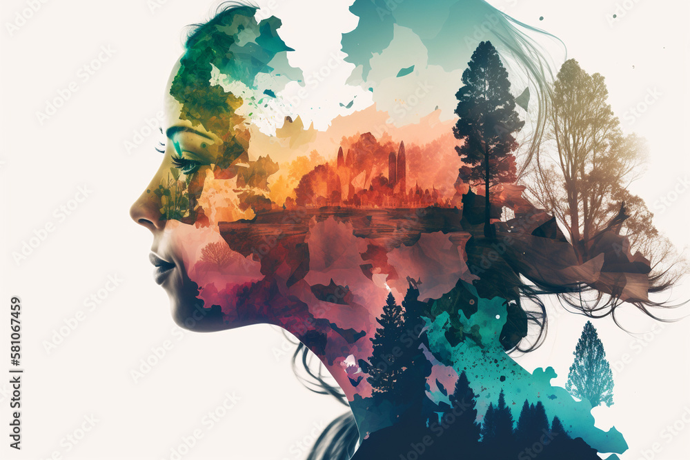 Abstract contemporary art collage portrait of young woman and colorful landscape, retro colors. - obrazy, fototapety, plakaty 