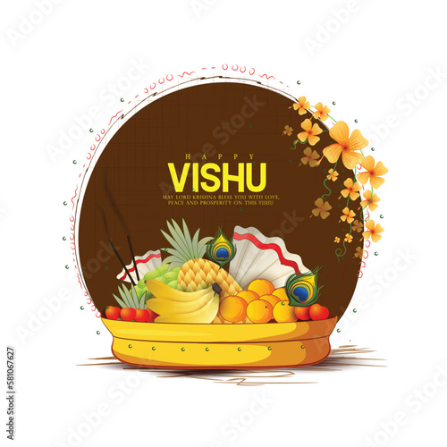 
Greeting poster of vishu festival with traditional vessel uruli and konna flowers (cassia fistula). 

