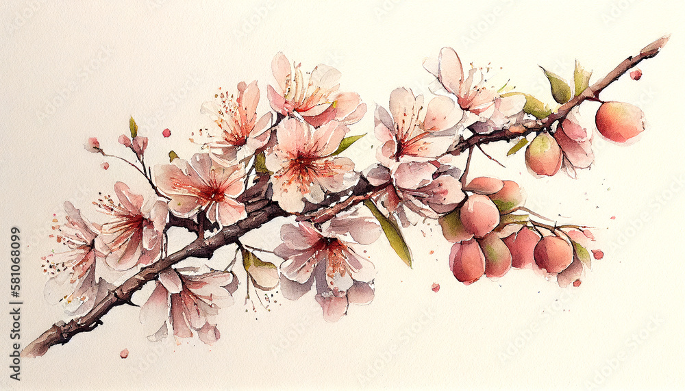 A branch of sakura in full bloom, with delicate pink petals and small green leaves, generative ai illustration A branch of sakura in full bloom, with delicate pink petals and small green leaves, generative ai illustration