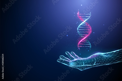 Abstract blue giving hand with flying 3d DNA molecule helix