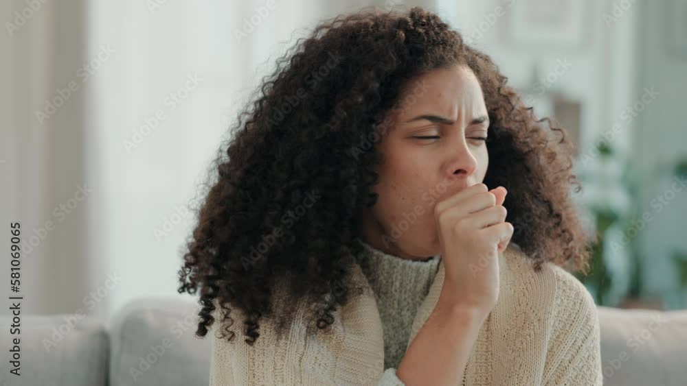 Sick, cough and woman in a home living room with illness and nose rub