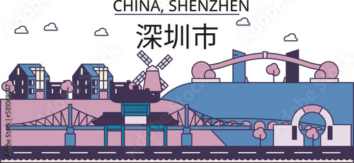 China, Shenzhen tourism landmarks, vector city travel illustration photo