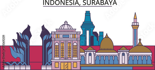 Indonesia, Surabaya tourism landmarks, vector city travel illustration
