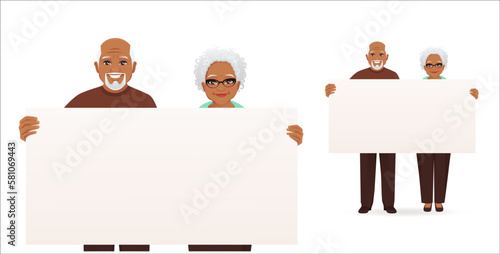 Senior couple old man and woman in casual clothes presenting something showing holding empty blank board placard vector illustration