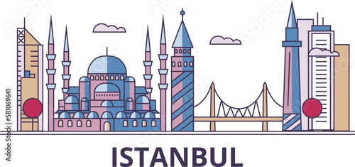 Turkey, Istanbul tourism landmarks, vector city travel illustration